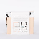 Back view of Pink, black, and white brush stroke patterned box of 60 Beautiful Thoughts Postcards by Compendium.