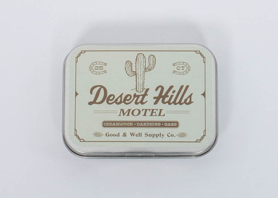 Desert Hills Motel Incense by Good & Well Supply Co in retro tan tin with brown cactus illustration on front. 