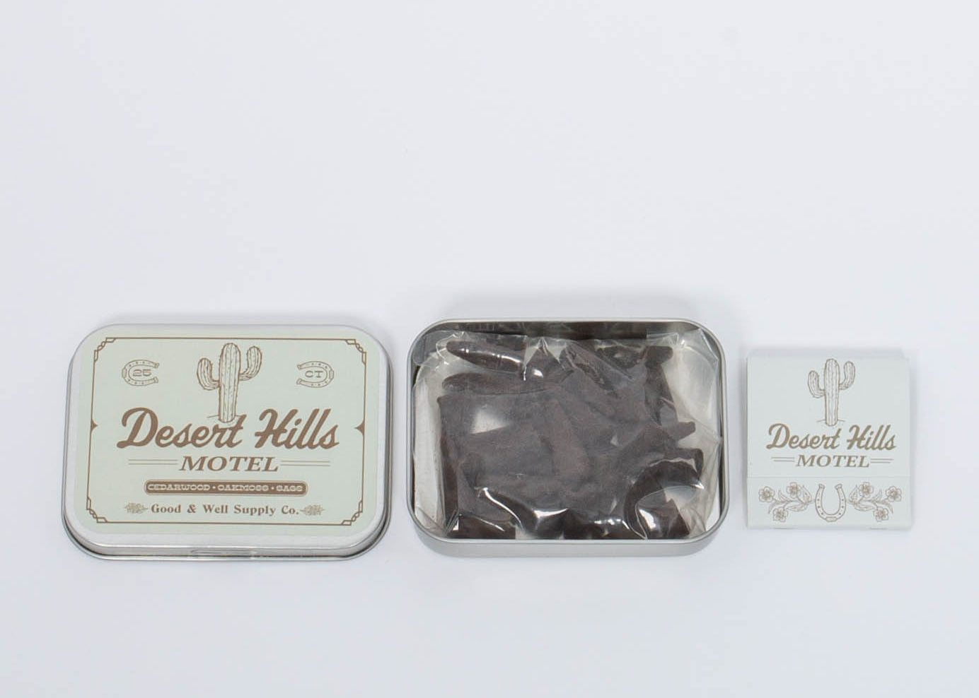 Desert Hills Motel Incense and vintage inspired motel matchbook by Good & Well Supply Co in tan and brown design.