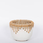 White Hideaway Pot with two tone neutral base and woven rattan detailing around top rim.  White background.