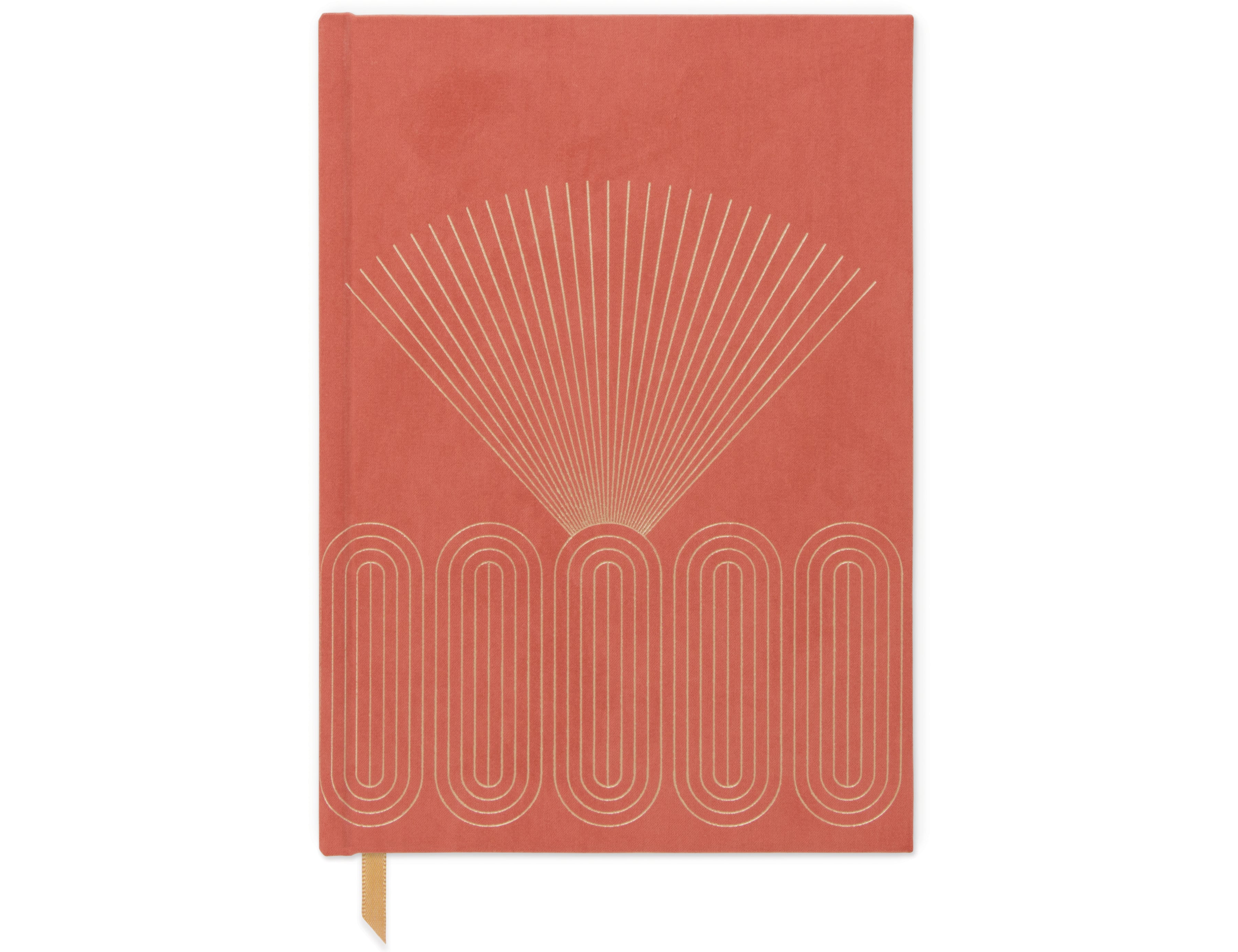Orangey red Radiant Rays Hard Cover Suede Cloth Journal with pocket, gold geometric design and gold ribbon bookmark. White background. 