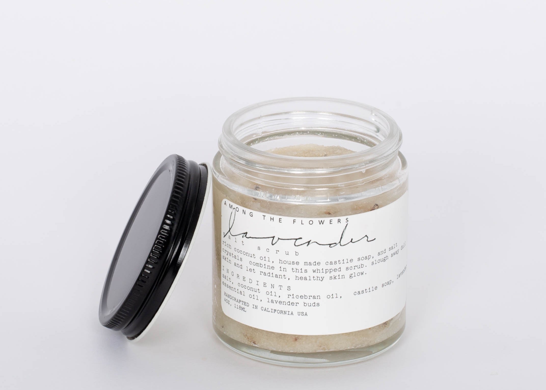 Lavennder Moisturizing Whipped Salt Scrub. A whipped salt, coconut oil, and castile soap scrub infused with essential oils and botanical extracts for absorption and added nutrients. Our soap base cleans while rich coconut oil moisturizes, and salt sloughs away dead skin.