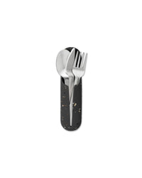 W&P Porter Utensil Set, charcoal terrazzo carrying case holding a stainless steel fork, knife and spoon