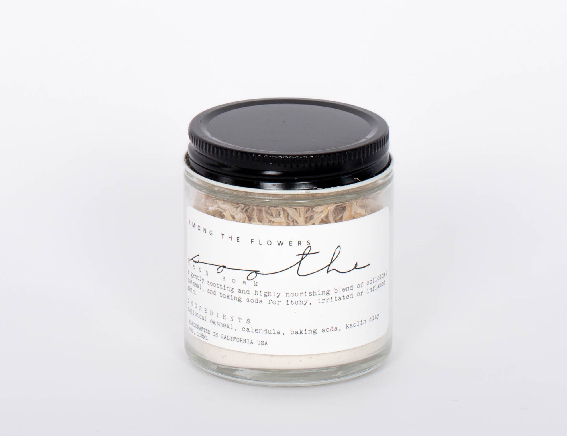 Among the Flowers Soothe Bath Soak. S O O T H E  A blend of colloidal oats, coconut milk, and chamomile petals that effectively soothes inflammation and irritation related to minor scrapes and scratches, as well as rashes or bug bites. This is particularly helpful for dry skin, or issues with diaper rash.