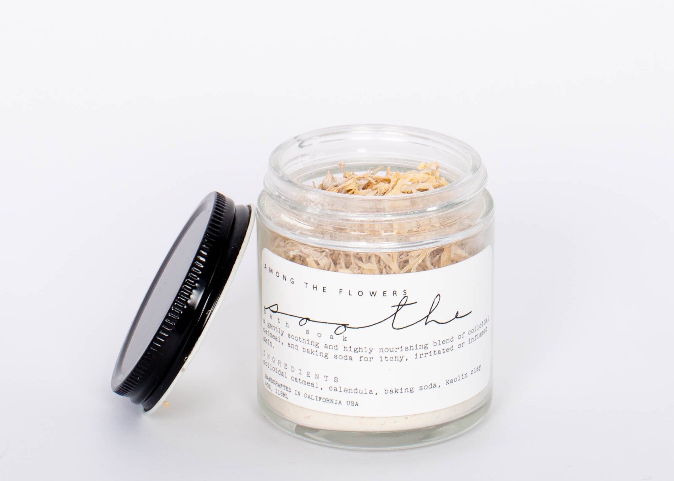 Among the Flowers Soothe Bath Soak. S O O T H E A blend of colloidal oats, coconut milk, and chamomile petals that effectively soothes inflammation and irritation related to minor scrapes and scratches, as well as rashes or bug bites. This is particularly helpful for dry skin, or issues with diaper rash.