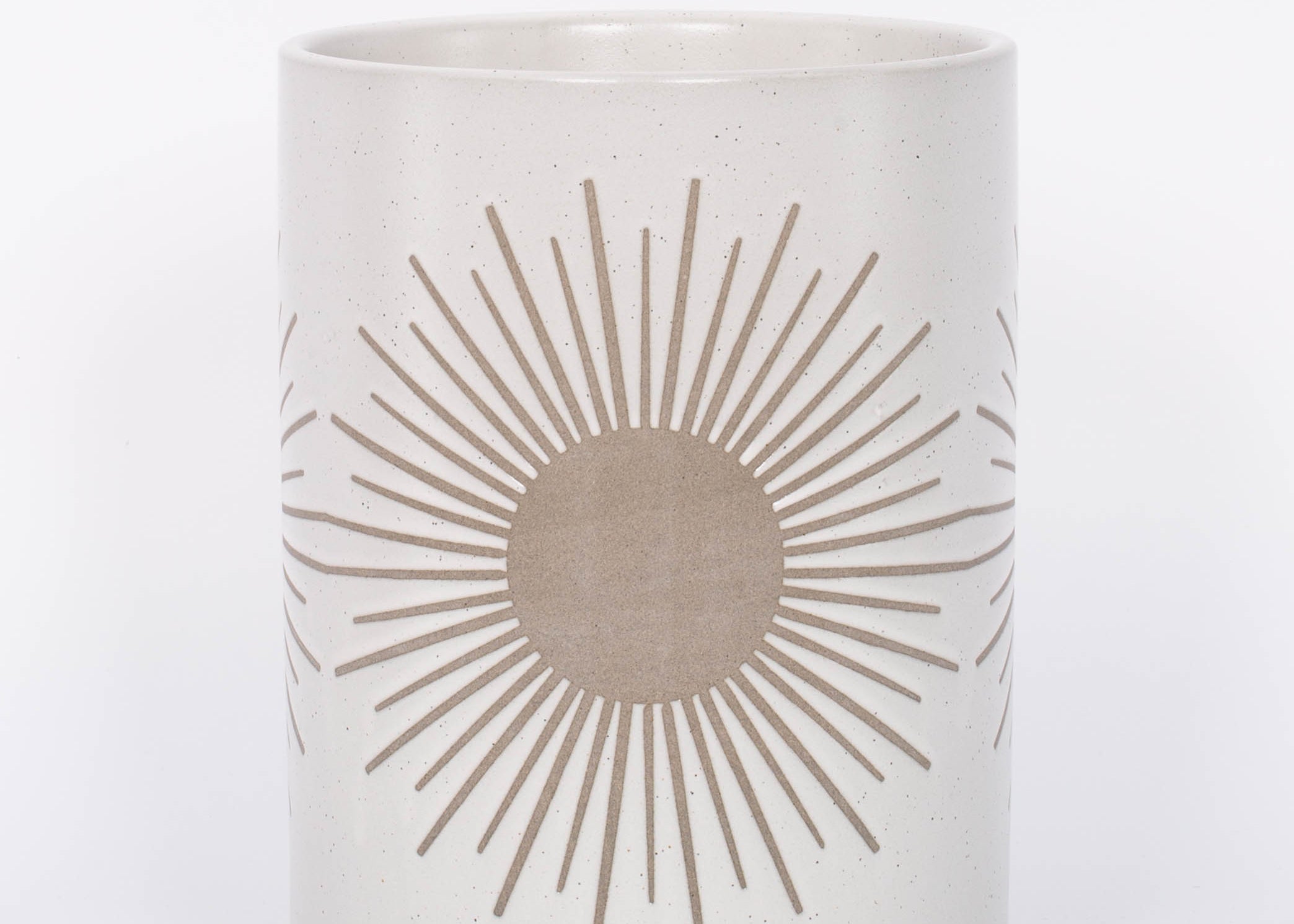 Large Sunrise to Sunset planter Pot by Citrine with golden sun design on natural white. 