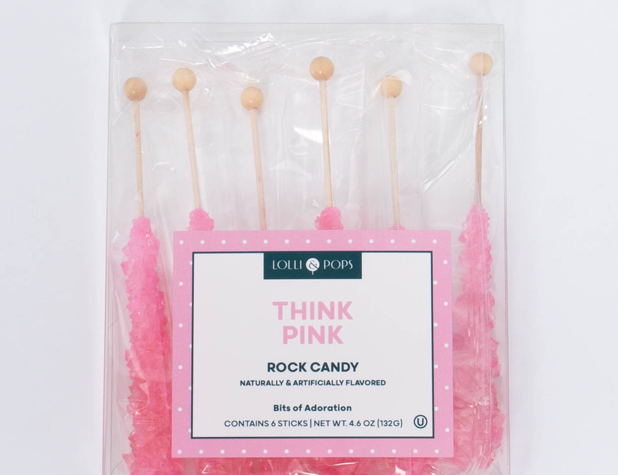Nostalgic bubblegum flavored Think Pink Rock Candy by Lolli & Pops. Clear pack of 6.