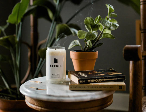 Cream soy wax hand poured Utah Candle by Homesick in glass jar set in moody dark interior with plants and books.