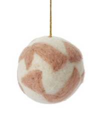 Shapeshift Ornament, cream felted wool ball with dusty rose abstract shapes on a gold cord