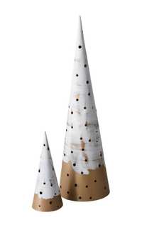 White Alfie Tree, white cone tree with scattered black dots and a gold dipped base, shown in two sizes