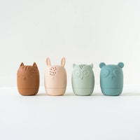 Colored Organics Animal Bath Toys, four silicone squirt toys shaped like a cat, bunny, owl and bear in terracotta, blush, sage and teal