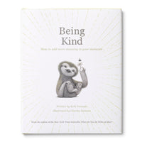 Compendium Being Kind book, white cover with a gray sloth illustration and gold sunburst lines