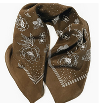 Flora West Design Classic Deep Floral Silk Scarf, an olive brown scarf with white line-drawn flowers