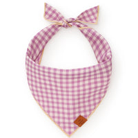 Foggy Dog Dog Bandana in Thistle Gingham, a purple and white checked tie-on bandana with a leather tag