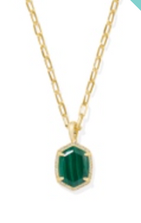 Kendra Scott Daphne Pave Frame Pendant Necklace, a gold chain with a small green octagon pendant