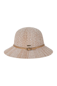 Kooringal Cassie Women's Short Brim hat in Natural, a blush-beige open weave with a tan belt band, front view