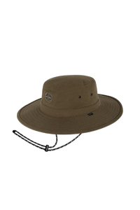 Kooringal Men's Mid Brim Surfside hat in Military, an olive canvas bucket hat with a chin cord