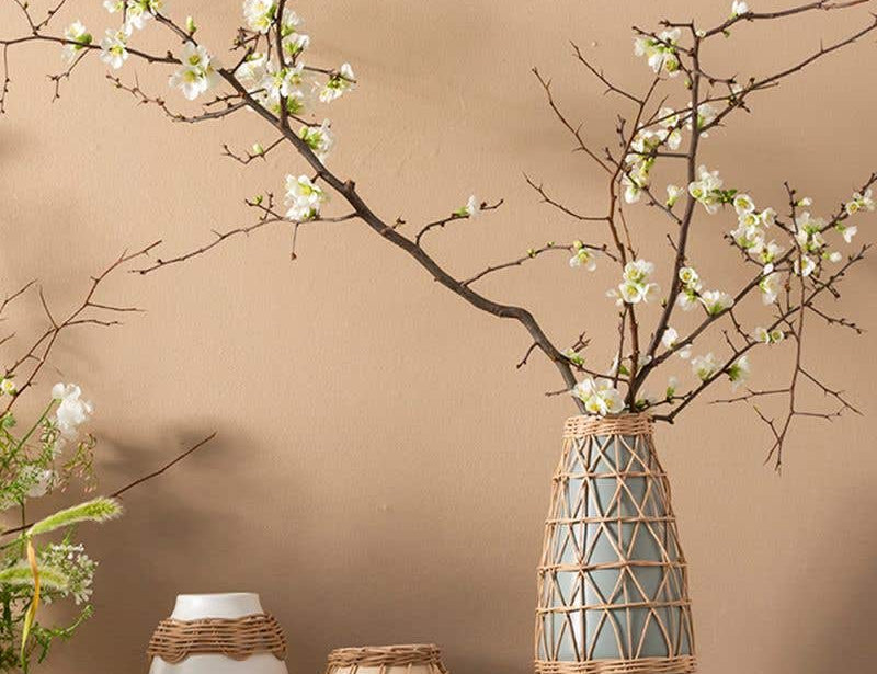 Three Lissome Collection of speckled neutral toned earthenware vases with woven rattan accents. Holding woody plant with white flowers and sitting on side table. 