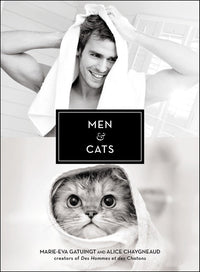 Men & Cats book cover with black and white photos of a man and a cat in towels