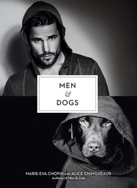 Men & Dogs book cover with black and white photos of a man and a dog in hoodies
