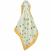 Milkbarn Bamboo Bumblebee Mini Lovey Blanket, small sage muslin square with bees and a mustard trim
