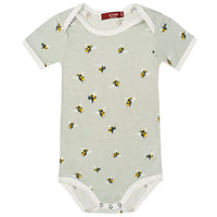 Milkbarn Bumblebee Short Sleeve One Piece, a sage green baby bodysuit with a bumblebee print