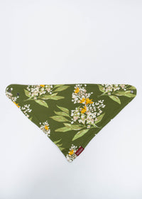 Milkbarn Green Floral Three-Layer Kerchief Bib, an olive green bandana bib with a floral print