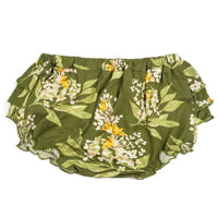 Milkbarn Green Floral Ruffle Bloomer, olive green baby bloomers with a yellow and white floral print