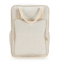 SoYoung Sand and Stone Beach Stripe All Day Backpack, sand and cream striped backpack with top handles and a front zip pocket