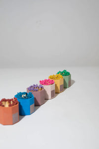 Row of Tenn Prairie Concrete Match Holders in assorted colors filled with colorful matches