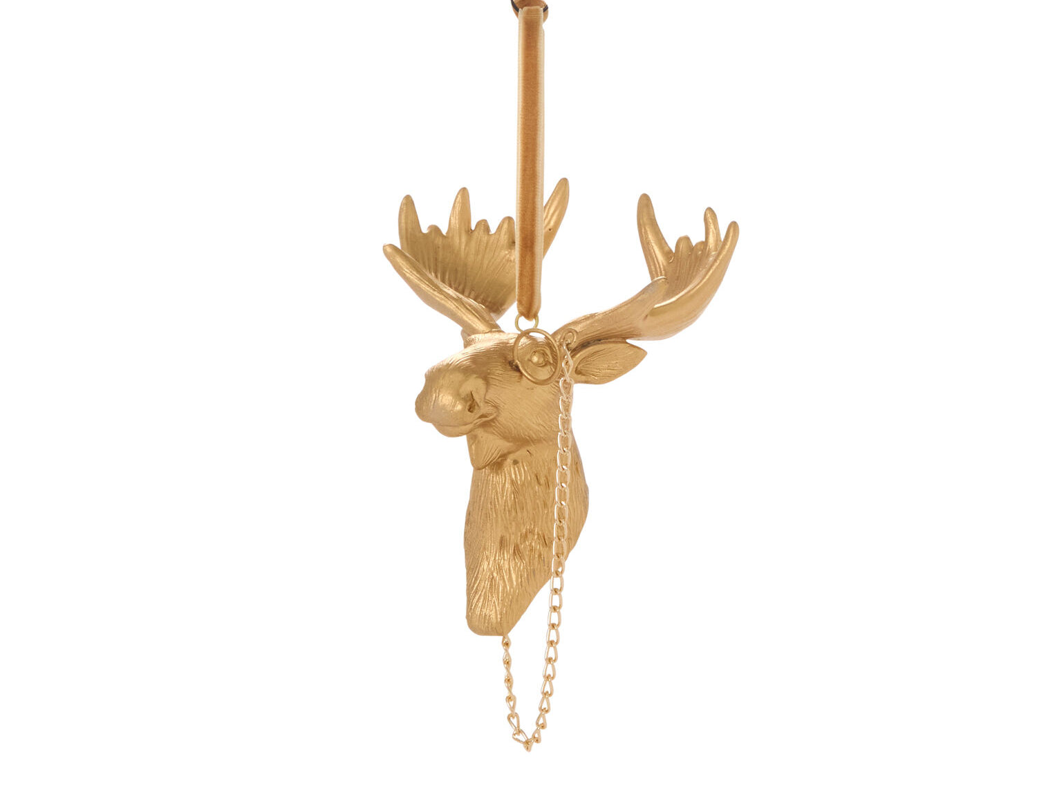 E + E Ornaments, sixth view, the gold moose with a monocle and chain