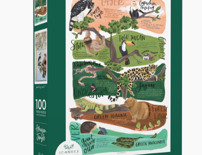 1canoe2 Amazon Jungle Puzzle, 100-piece puzzle box with illustrated rainforest animals and plants in green and coral