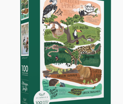 1canoe2 Amazon Jungle Puzzle, 100-piece puzzle box with illustrated rainforest animals and plants in green and coral