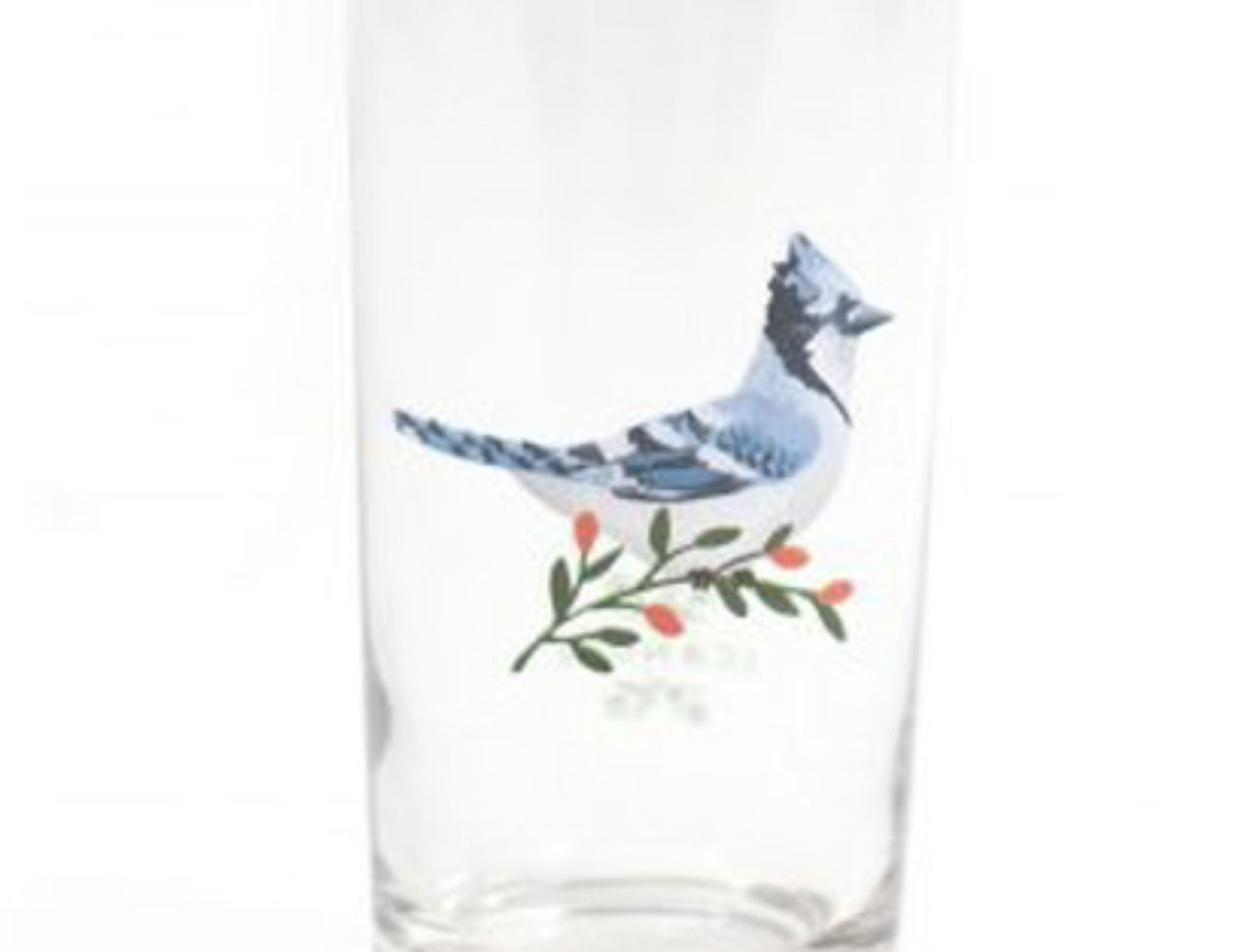 1canoe2 Blue Jay Juice Glass, a clear glass printed with a blue jay on a red berry branch