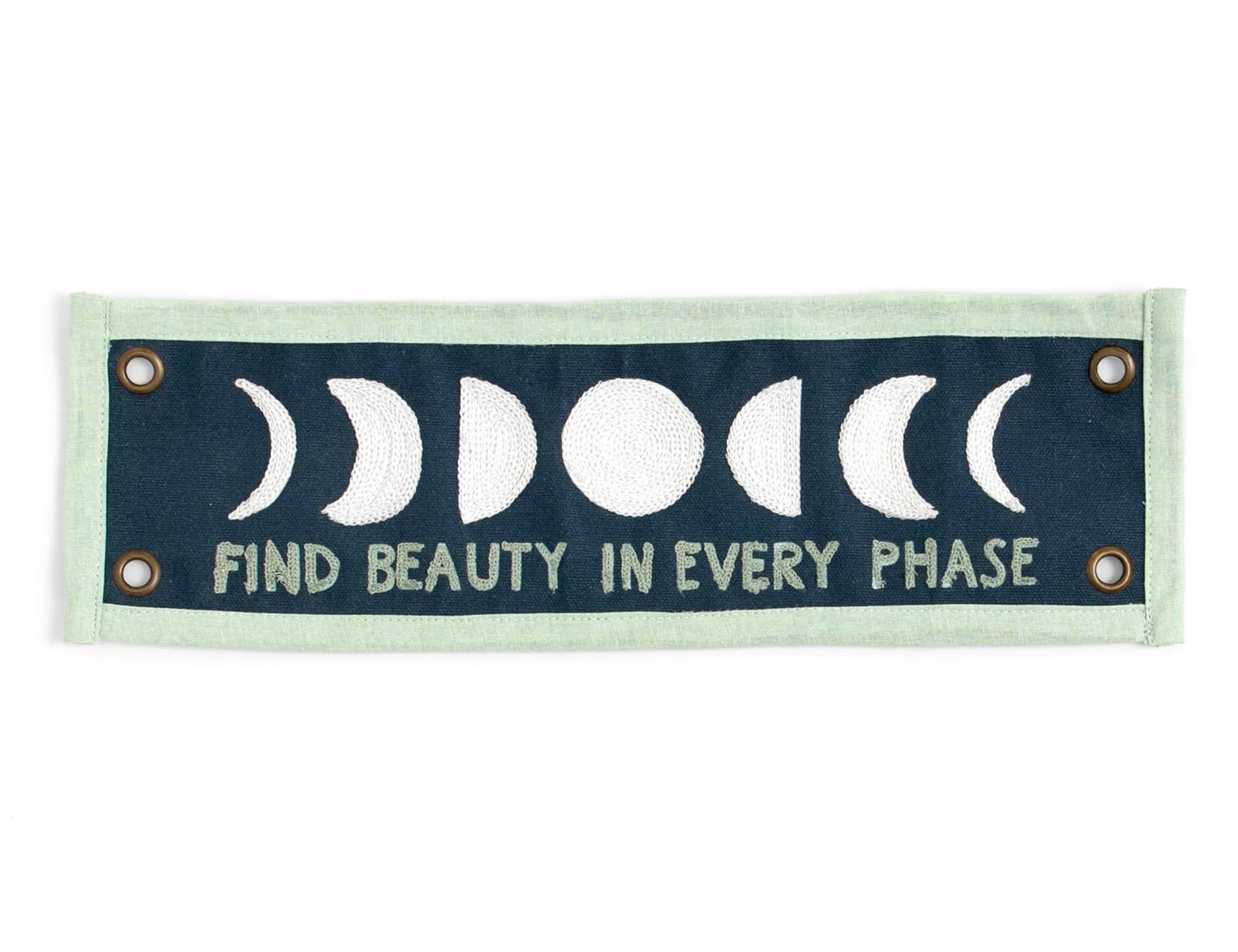 1canoe2 Find Beauty Banner, a navy felt pennant with moon phases and the words Find Beauty in Every Phase