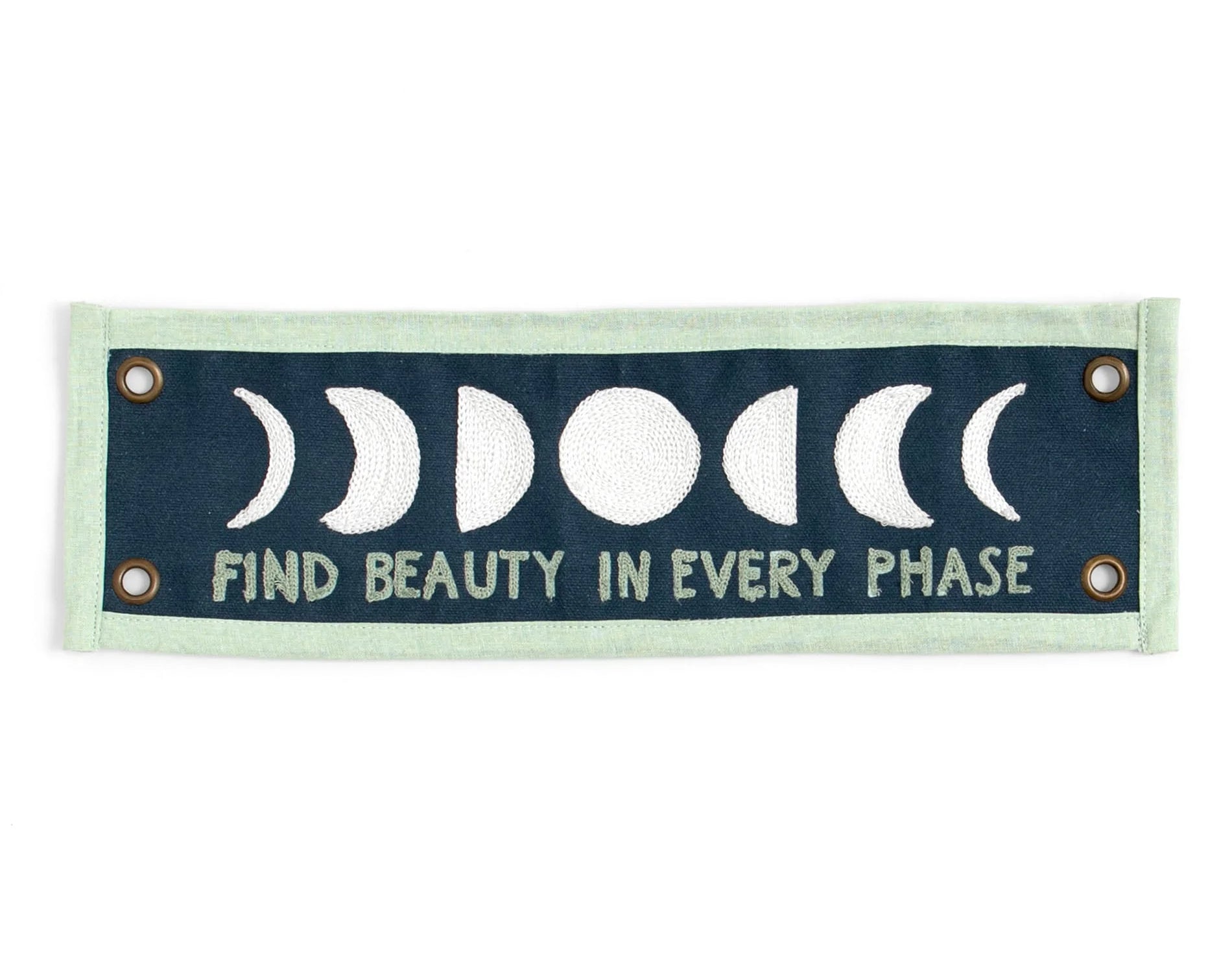 1canoe2 Find Beauty Banner, a navy felt pennant with moon phases and the words Find Beauty in Every Phase