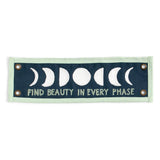 1canoe2 Find Beauty Banner, a navy felt pennant with moon phases and the words Find Beauty in Every Phase