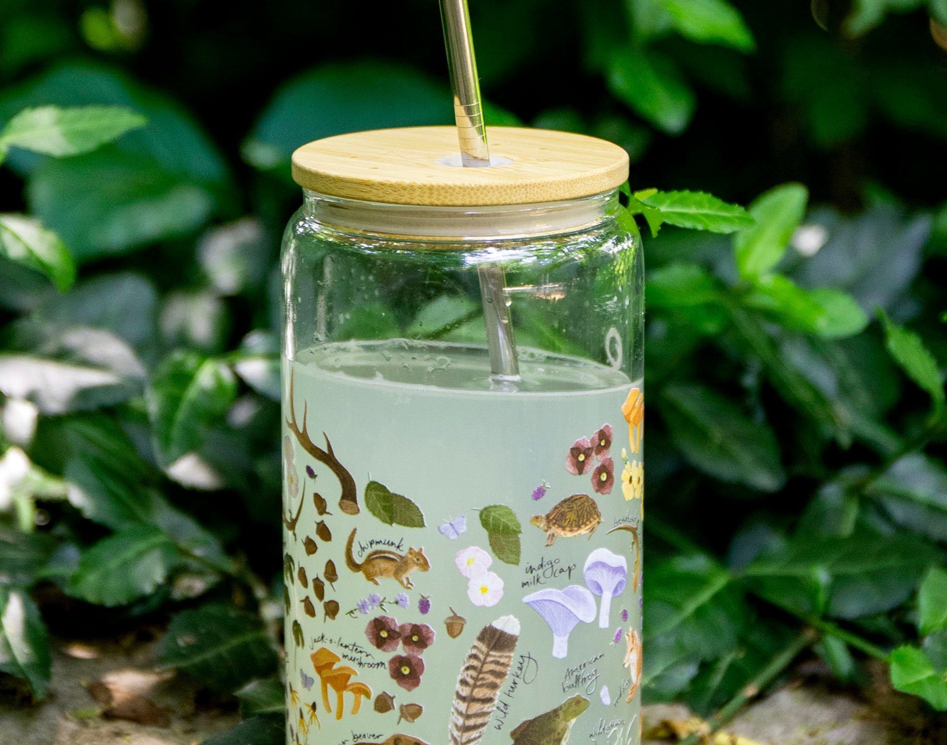 1canoe2 Flora & Fauna Glass Can with bamboo lid and straw in front of green foliage
