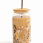 1canoe2 Flora & Fauna Glass Can with a bamboo lid and glass straw, filled with an iced coffee