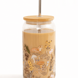 1canoe2 Flora & Fauna Glass Can with a bamboo lid and glass straw, filled with an iced coffee