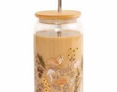 1canoe2 Flora & Fauna Glass Can with a bamboo lid and glass straw, filled with an iced coffee