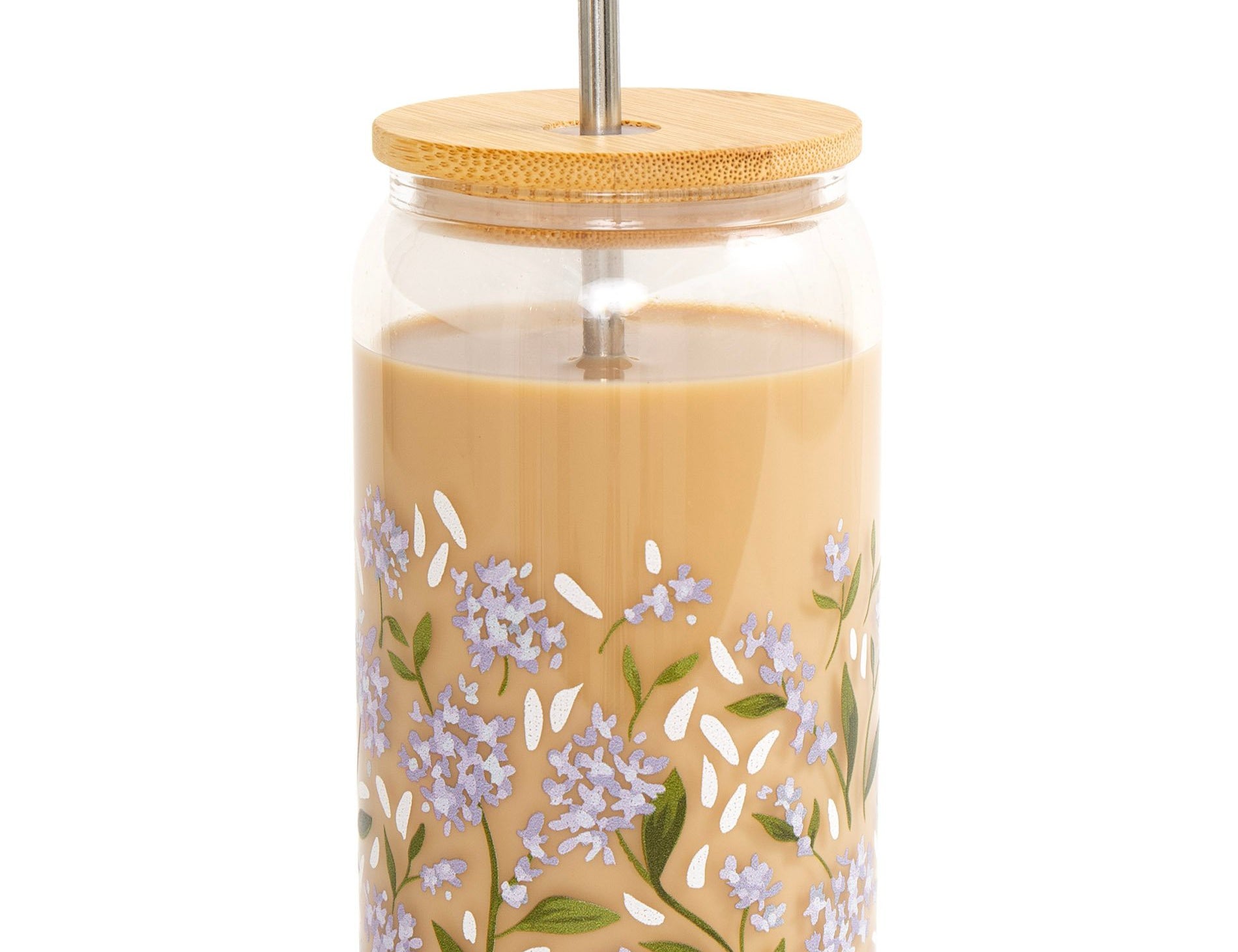 1canoe2 Hydrangea Coffee Cup, a glass can with blue hydrangea print, bamboo lid and straw, filled with iced coffee