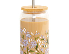 1canoe2 Hydrangea Coffee Cup, a glass can with blue hydrangea print, bamboo lid and straw, filled with iced coffee