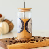 1canoe2 Moon Phases Glass Can with iced coffee on a wooden board with coffee beans