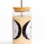 1canoe2 Moon Phases Glass Can with a bamboo lid and straw, filled with an iced latte