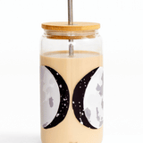 1canoe2 Moon Phases Glass Can with a bamboo lid and straw, filled with an iced latte