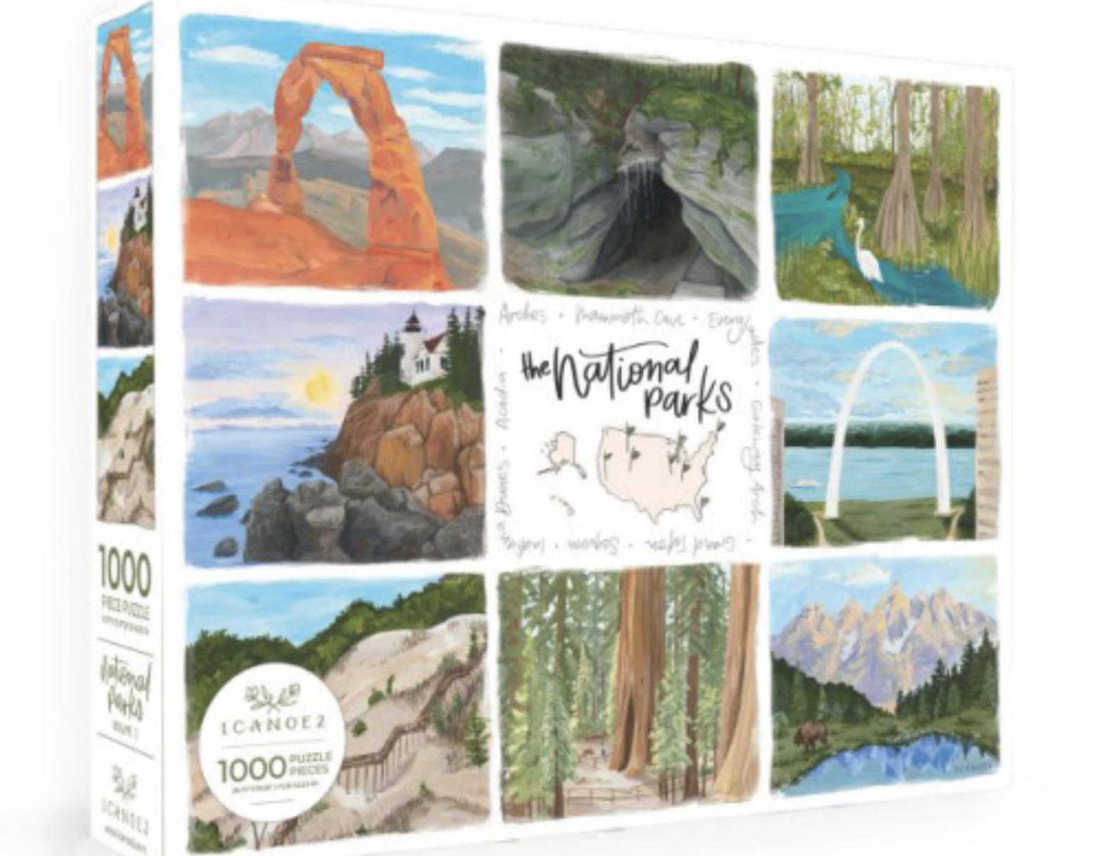 1canoe2 National Parks Postcard Puzzle, a 1000-piece puzzle box with illustrated park scenes