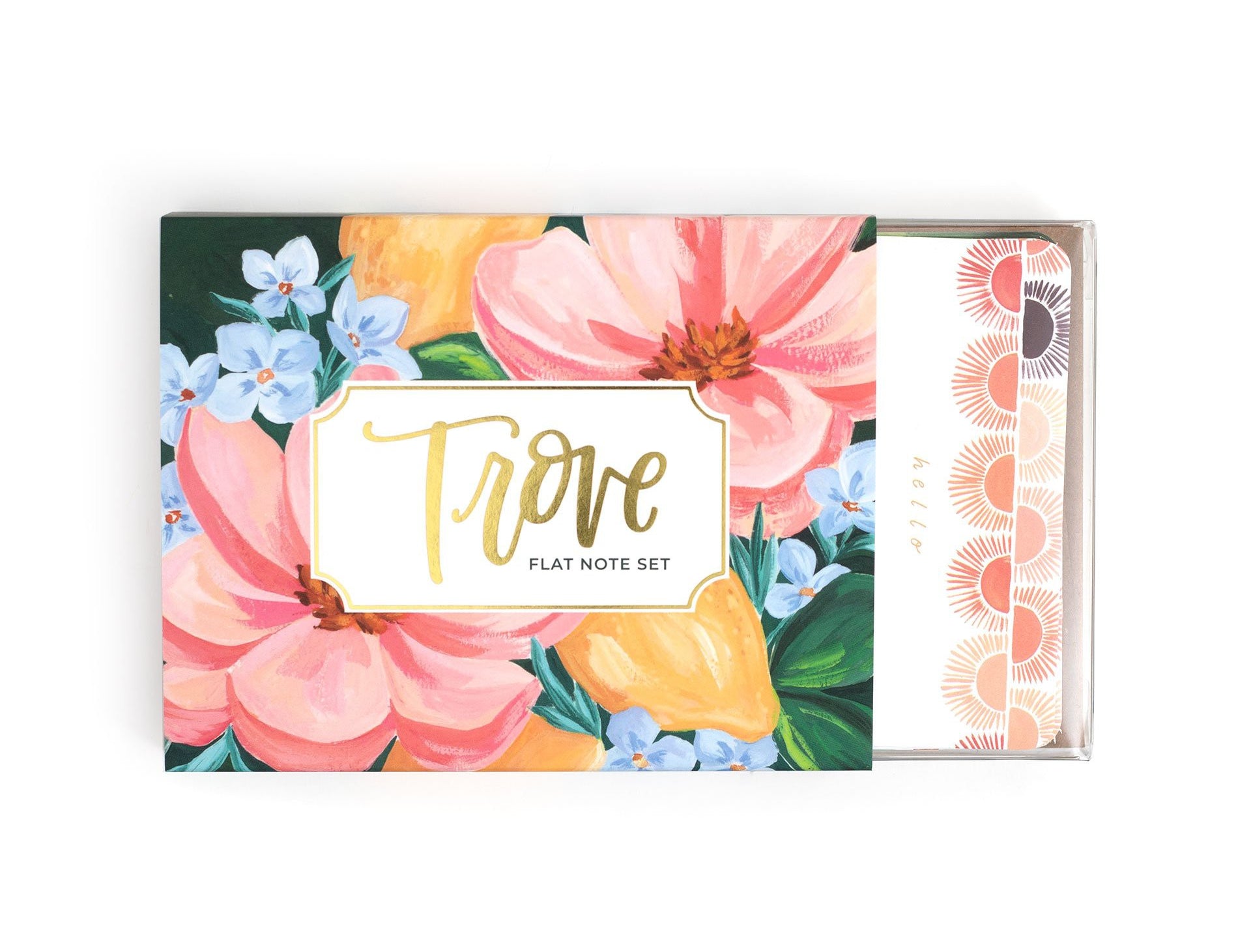 1canoe2 Trove Flat Note Set, a box of floral-bordered notecards with a pink peony cover