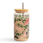 1canoe2 Woodland Animals Glass Can with a bamboo lid and straw, printed with a fox and deer among foliage