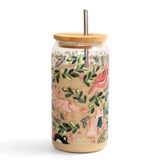 1canoe2 Woodland Animals Glass Can with a bamboo lid and straw, printed with a fox and deer among foliage